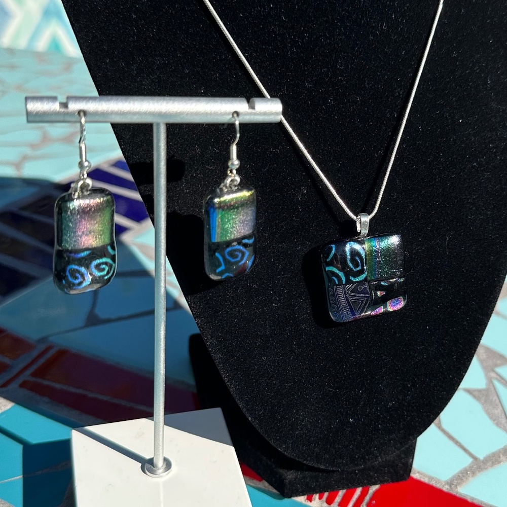 dichroic fused glass pendant and earrings - choice of sterling silver chain